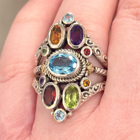 Jewelry - Sterling 18K Large Gemstone Ring, Bali Style Filigree Size 8.5 Rainbow Multigem